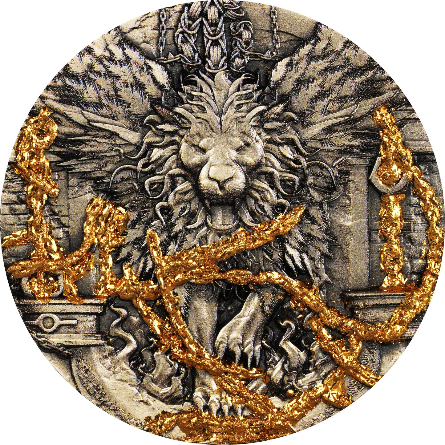 2025年喀麥隆發行希臘神話生物Manticore 蠍尾獅兩安士高浮雕鍍金銀幣