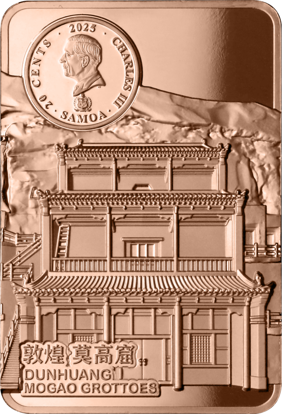 2025年薩摩亞發行
《敦煌飛天系列》20分矩方形精鑄紀念銅幣5枚套裝
