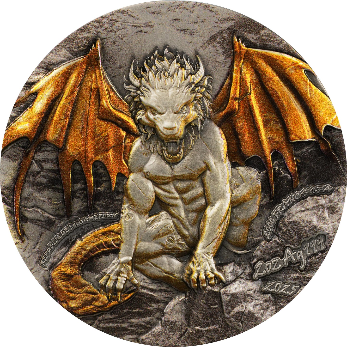 2025年喀麥隆發行希臘神話生物Manticore 蠍尾獅兩安士高浮雕鍍金銀幣