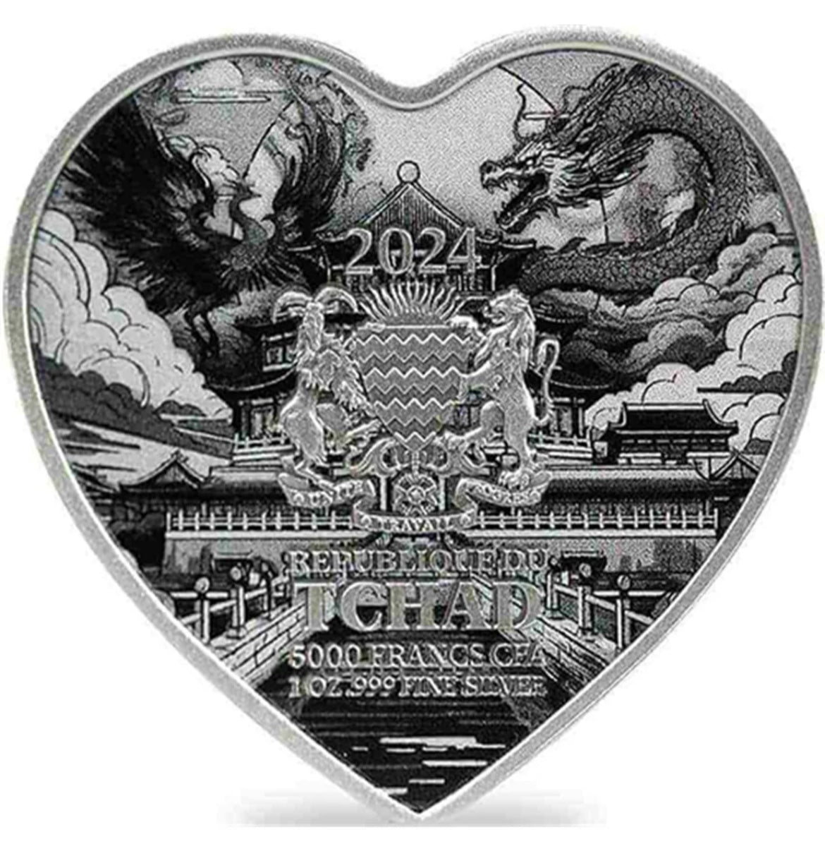 乍得共和國2024年
《中國神獸龍鳳呈祥》
一安士999銀心形仿古鑲嵌紅色水晶銀幣