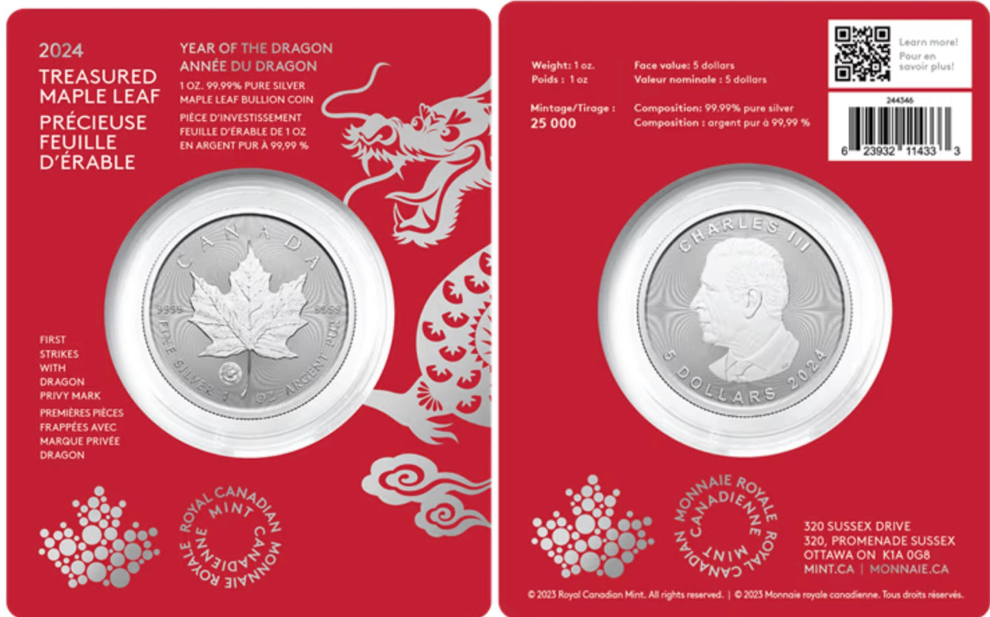 2024 加拿大楓葉龍年加鑄版9999銀幣 卡冊 1oz