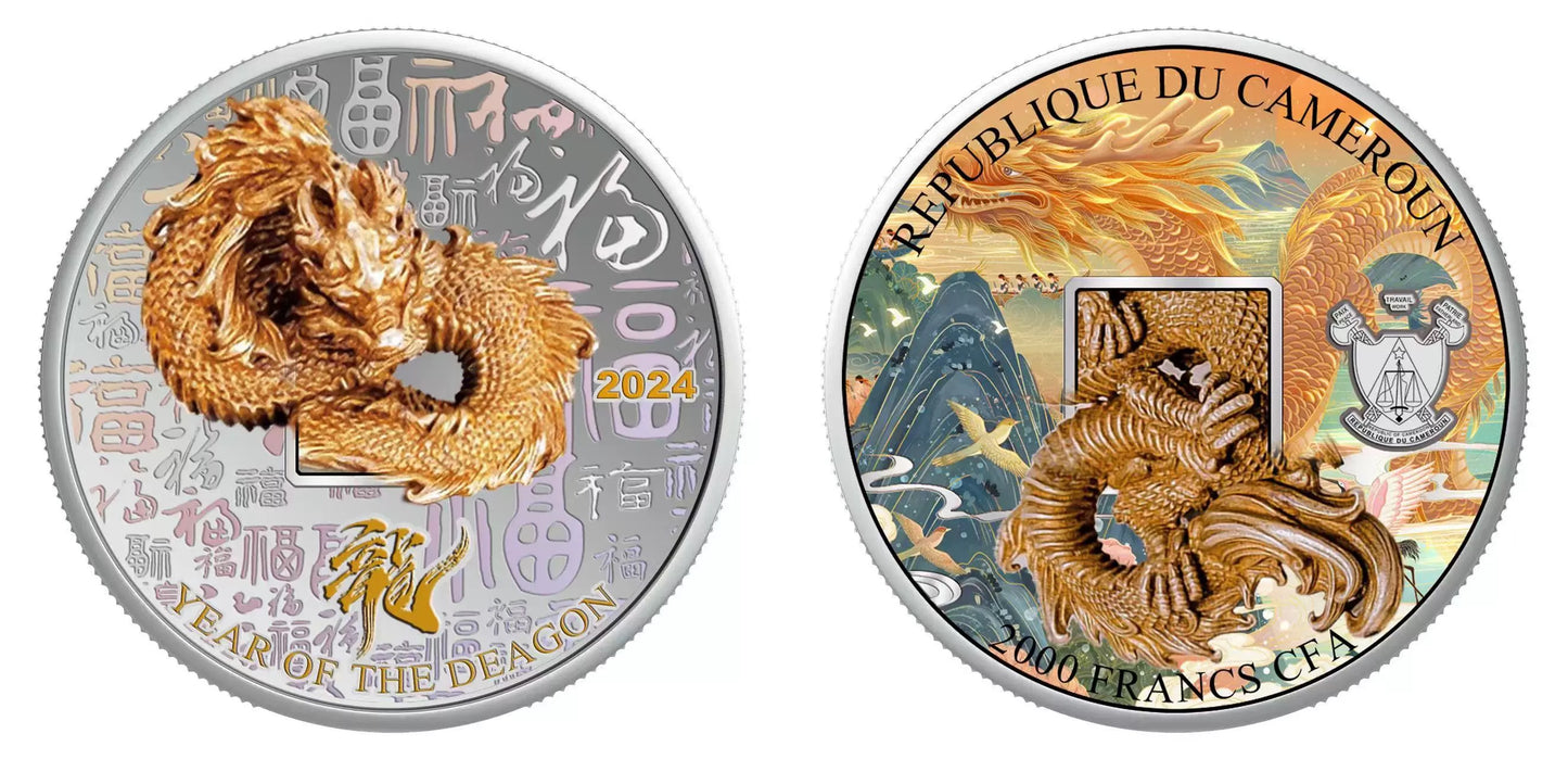 喀麥隆2024年吉祥降福 中國東方龍3D立體鍍銀彩色精鑄紀念幣