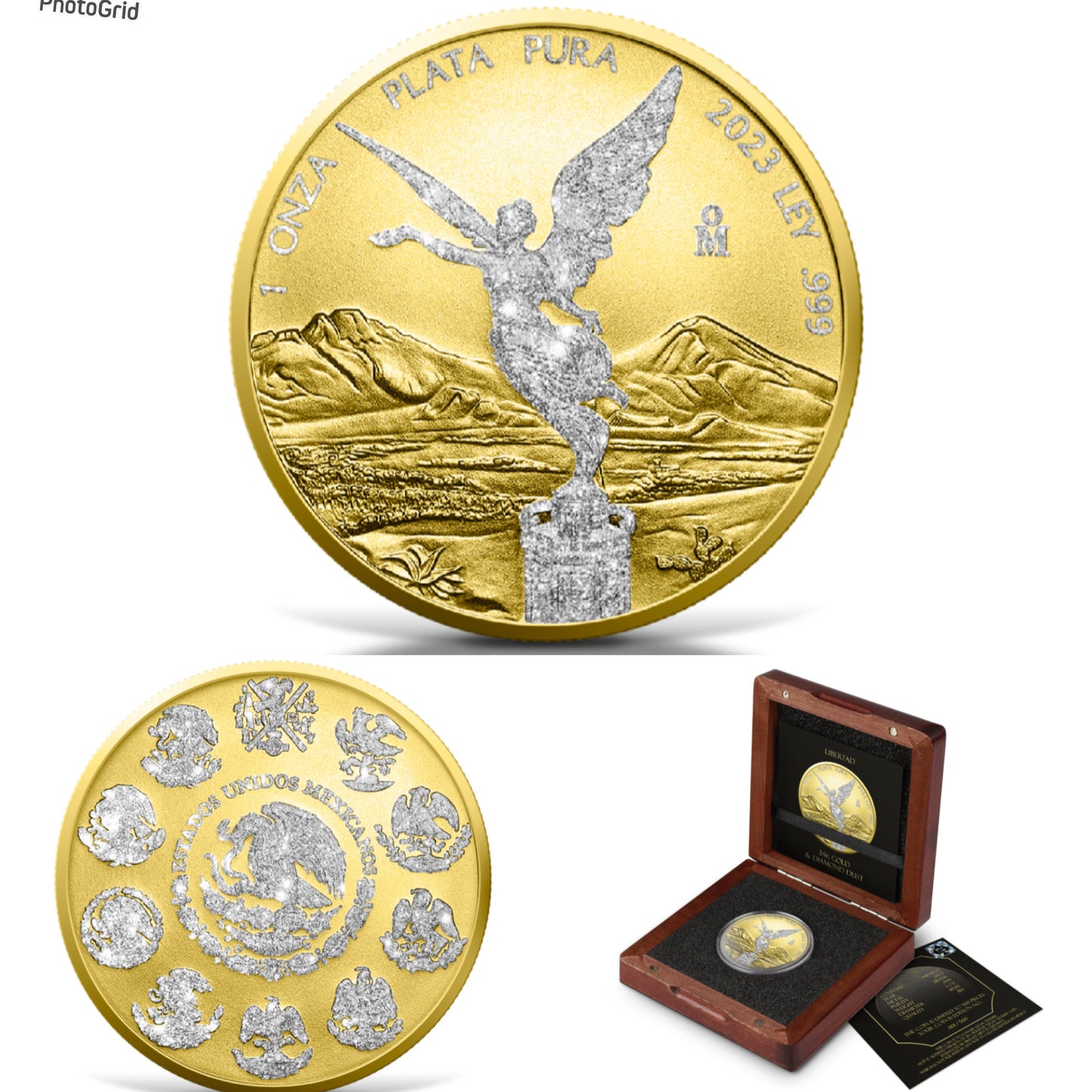 墨西哥發行 
《自由女神限量改做500件》
鑽石星塵24K鍍金自由女神一安士銀幣2️⃣