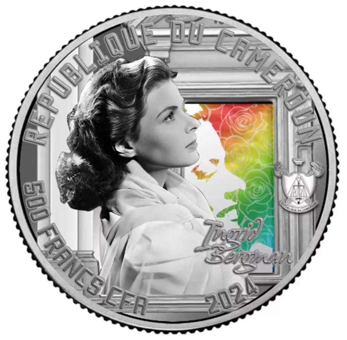 喀麥隆發行
2024年電影明星(3)瑞典Ingrid Bergman 幻彩精鑄紀念銀幣
