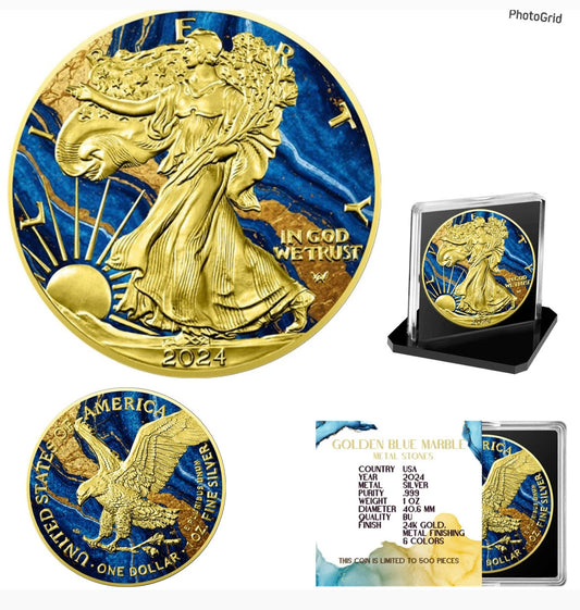 《GOLDEN BLUE MARBLE Metal Stones 》版行走女神1安士24K金999彩色銀幣