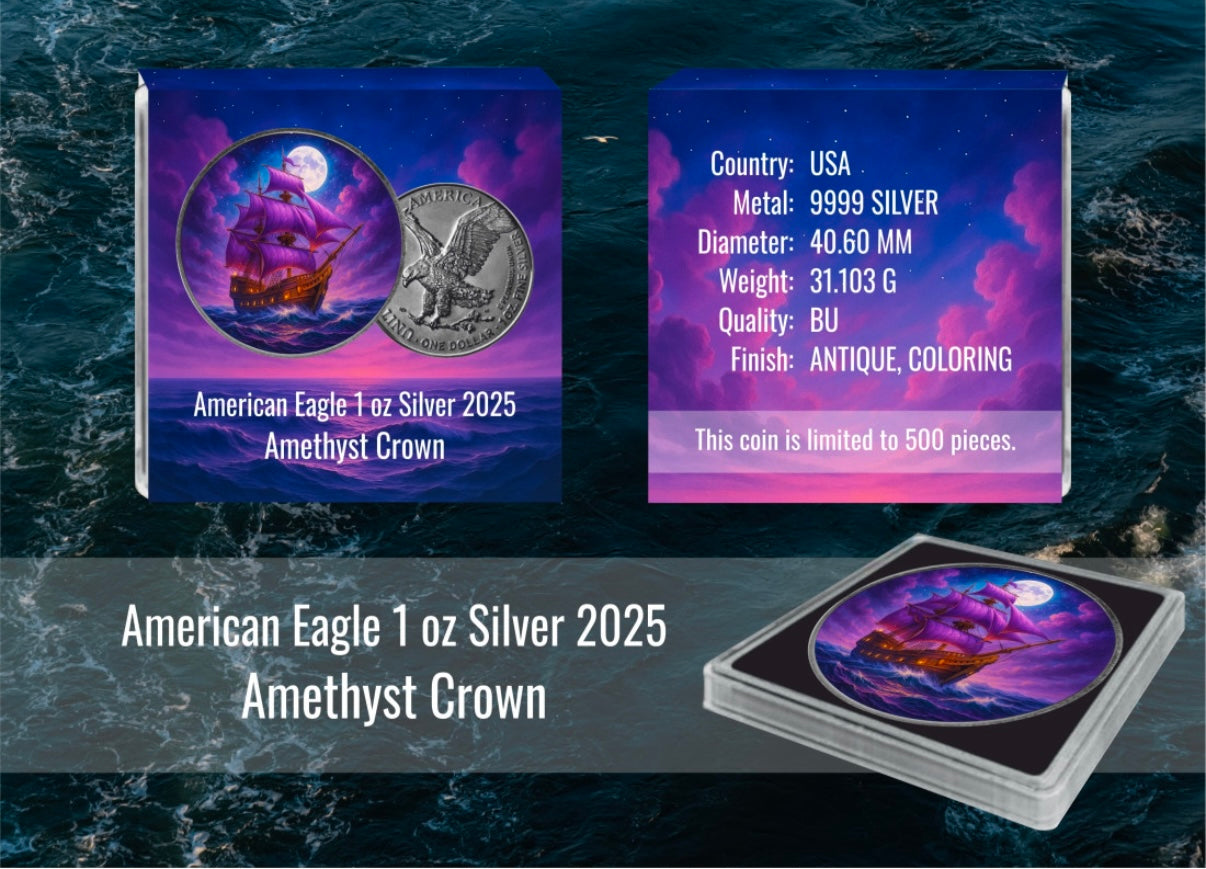 2024年美國行走女神改造系列 
《SeaMasters》系列 4
《AMETHYST CROWN-紫水晶皇冠號》1安士彩色999背仿古銀幣