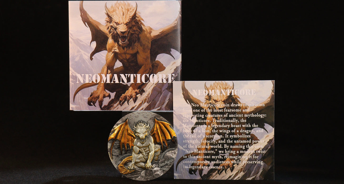 2025年喀麥隆發行希臘神話生物Manticore 蠍尾獅兩安士高浮雕鍍金銀幣
