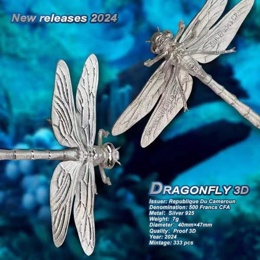 2024 喀麥隆發行
世界第一枚仿真昆蟲3D立體銀幣
2024年蜻蜓925銀7克紀念幣