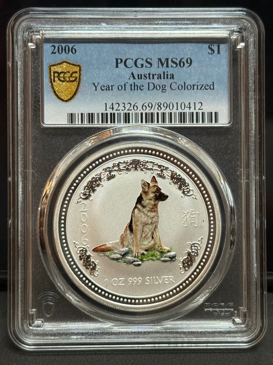 2006年澳洲-第一代狗年彩色一安士銀幣 PCGS MS69